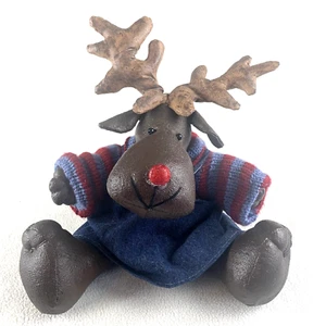 Primitive Grungy Red Nose Reindeer Doll Christmas Painted Muslin Shelf Sitter - Picture 1 of 6