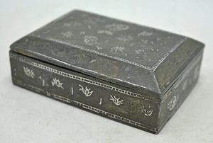 Antique Iron Jewellery Box Original Old Hand Crafted Fine Engraved Silver Inlay - Picture 1 of 6