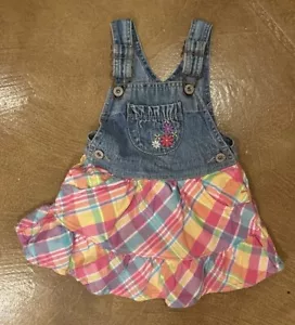 VTG Osh Kosh B’Gosh Overall Jumper Dress Vestbak 2T Plaid Cotton Denim Flowers - Picture 1 of 5