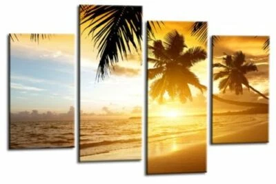 Large Seascape Sunset Love Art Print Orange Gold Framed Split Canvas Picture - Image 1 of 4