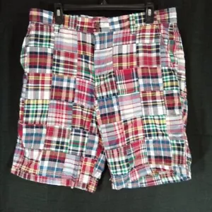 Izod Saltwater Shorts Mens 34 Red Blue Patchwork Plaid Pockets Beach - Picture 1 of 5