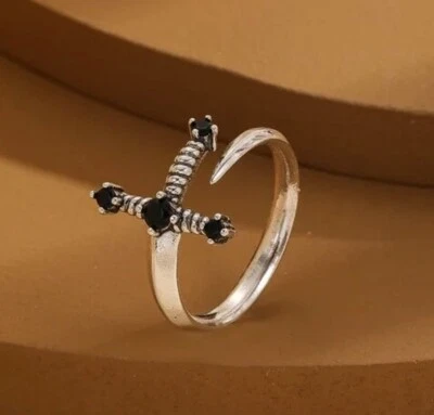 Adjustable Alloy Sword Ring with Black Stones - Image 1 of 3