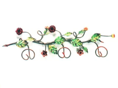 ARTERAMEFERRO APPENDINO APPENDIABITO IN FERRO BATTUTO CON ROSE FOGLIE a 3 posti da parete