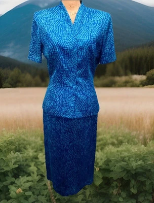 ADRIANNA PAPELL MULTICOLOR AQUA 100% SEDA 2 PIEZAS MOSIAC BLUSA FALDA TALLA 8 USADA EN EXCELENTE ESTADO Foto 1 de 4