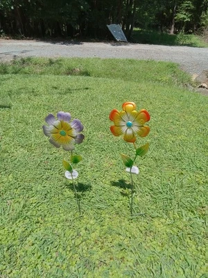 metal flower garden stakes set of 2 purple and yellow / orange and yellow flower - Image 1 of 2