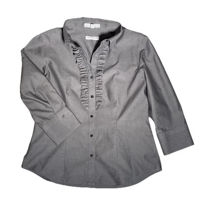 Pendleton Non-Iron Fitted Shirt Blouse Sz 10 Gray 3/4 Sleeve Ruffle Front Cotton - Image 1 of 4