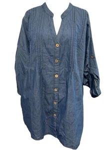 Club Z Chambray Denim Tunic Top Button Front Pintuck Roll Tab Sleeve Womens 2X - Picture 1 of 9