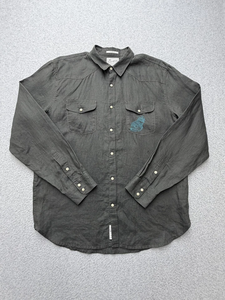 Lucky Brand Shirt Mens Large Gray Classic Fit 100% Linen Western Snap Rooster - Image 1 of 4