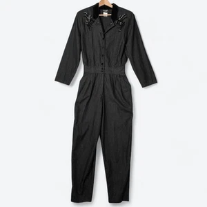 VTG 90s 80s Denim & Velvet Flight Suit Jumpsuit Women's 14 Sequins Utility Glam - Picture 1 of 10