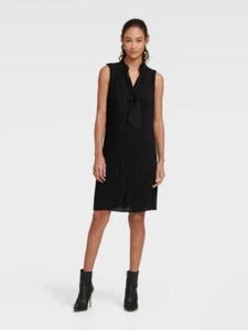 DKNY Black Sleeveless Dress Size 2 Tie Neck Pleated Chiffon Shift NWT - Picture 1 of 12