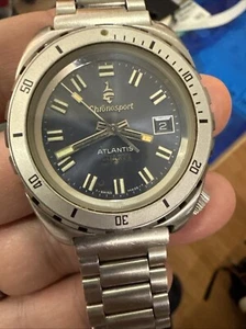 Vintage Chronosport Atlantis 20 ATM Diver w/Blue Dial,Patina,Brevet All SS Case - Picture 1 of 13