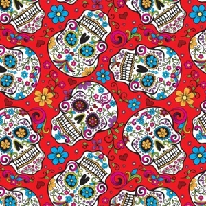 Day of the Dead Fabric - Folkloric Sugar Skull Toss Red - David Textiles YARD - Picture 1 of 1