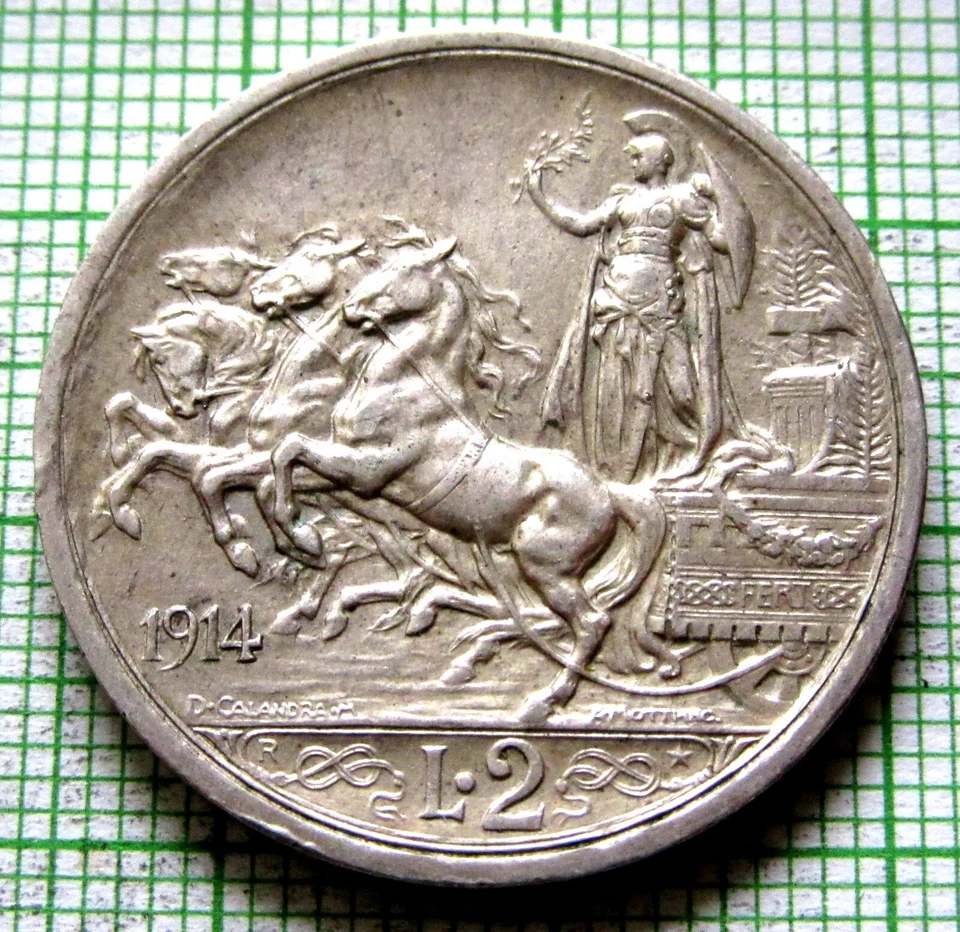ITALY VITTORIO EMANUELE III 1914 R 2 LIRE, QUADRIGA, 0.835 SILVER High GRADE - Image 1 of 4