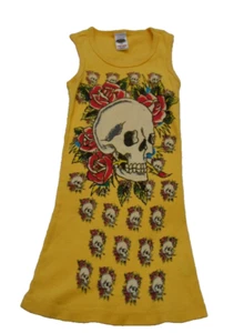 Vtg Ed Hardy YELLOW Top Women's SKULLS & ROSES Grunge OS ONE SIZE Stretch READ - Picture 1 of 8