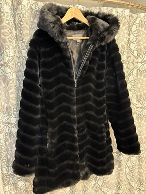 Gallery New York 女式连帽重量级雪佛龙人造毛皮大衣 XL 连帽 — 第 1/4 张图片