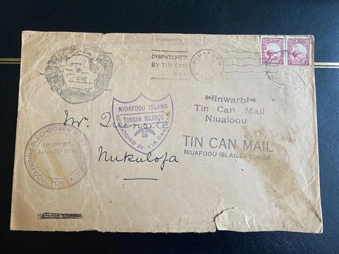 NEW ZEALAND 1937 NIUAFOOU ISLANDS TONGA TIN CAN MAIL COVER, MULTIPLE BACKSTAMPS Cover