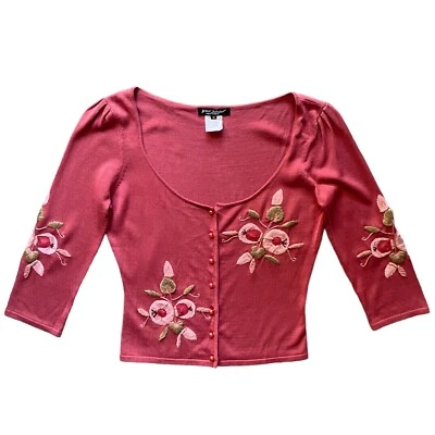 Vintage 90s 00s Betsey Johnson Dusty Rose  Embroidered Floral Cardigan - Image 1 of 4