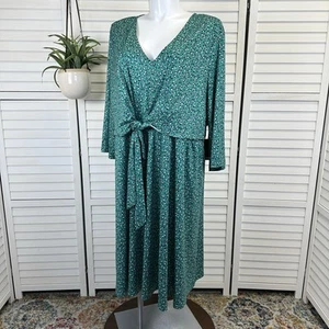 New Eloquii Dots Amazing Green Tie Front Dress V Neck Womens Plus Size 26 - Picture 1 of 9
