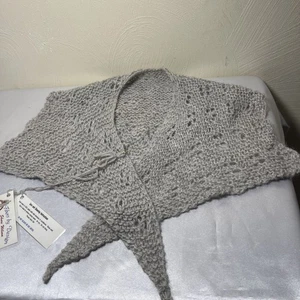 Light Grey Shawl Wrap Scarf 100% Alpaca Hand Knit Granny Core - Picture 1 of 7
