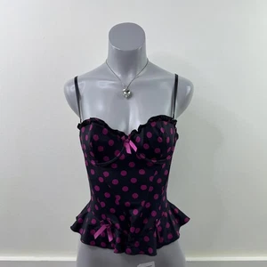 Y2K vintage polka dot corset top strapless black pink frilly hem ruffle spotty - Picture 1 of 6
