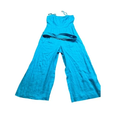 J. Crew Jumpsuit Women Size 4 Linen Blend Wide Leg Teal Blue Strappy Belted - Image 1 of 4