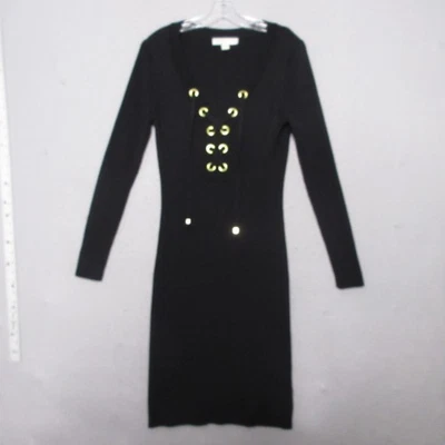 Michael Kors Sweater Dress Large Black Ribbed Knit Lace-Up Bodycon Party Stretch - Image 1 of 4
