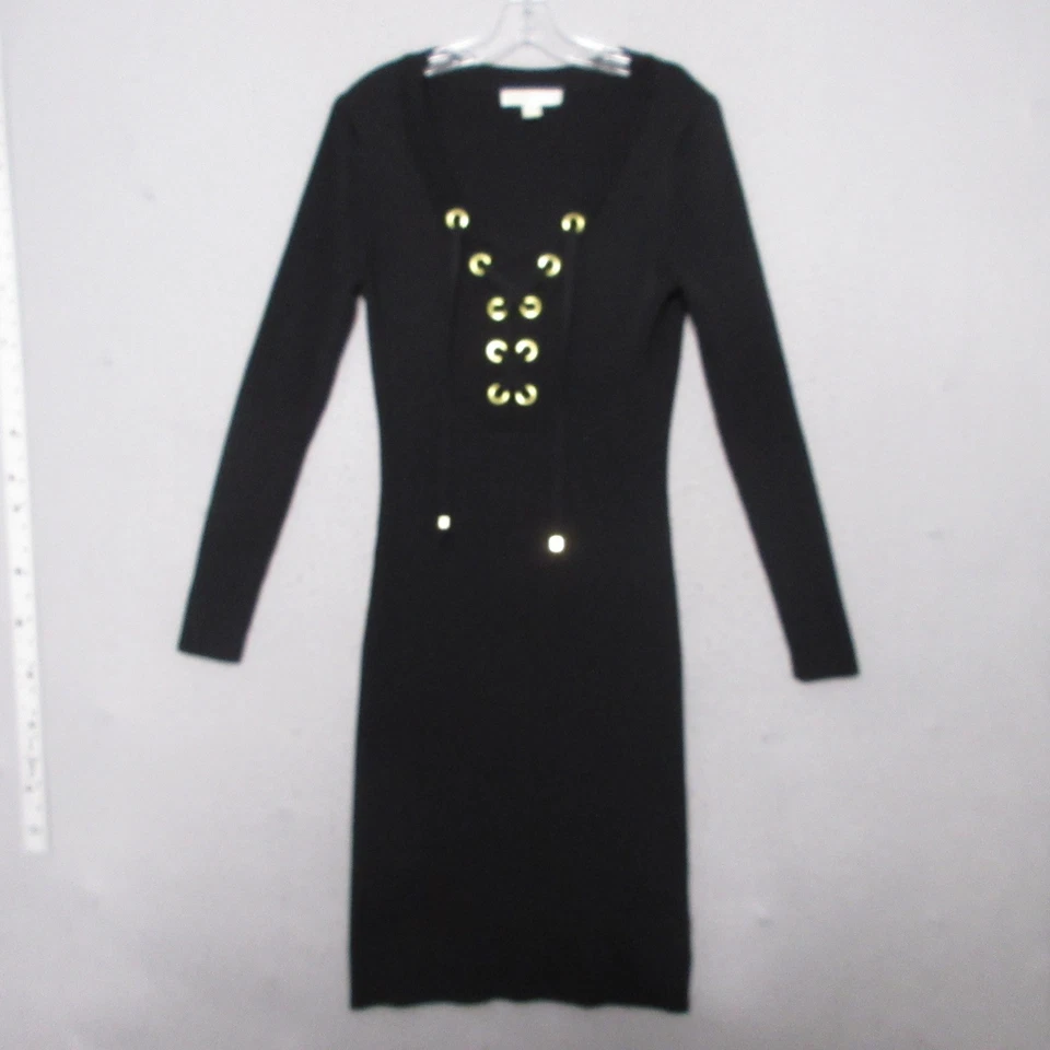 Michael Kors Sweater Dress Large Black Ribbed Knit Lace-Up Bodycon Party Stretch - Image 1 of 4