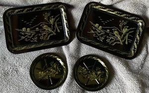 Birds Black & Gold Tin Ashtray / Rolling Tray Set - VINTAGE - Picture 1 of 4