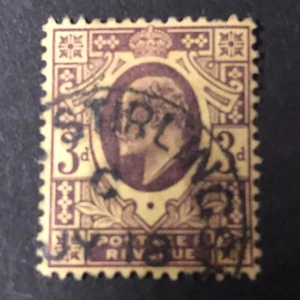GREAT BRITAIN, SCOTT # 132,3p. VALUE DULL PURPLE YELLOW KEVII 1902-11 USED - Picture 1 of 2