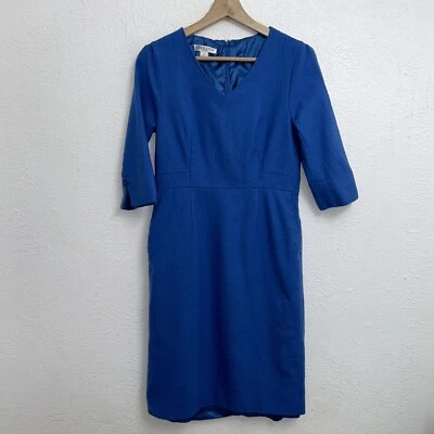 Pendleton Petite Blue Wool 3/4 Sleeve Lined Pencil Dress Pockets USA Made Size 8 - Image 1 of 4