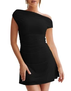 Women's Summer Off Shoulder Trendy Ruched Stretch Bodycon Cocktail Party Flar... - Picture 1 of 7