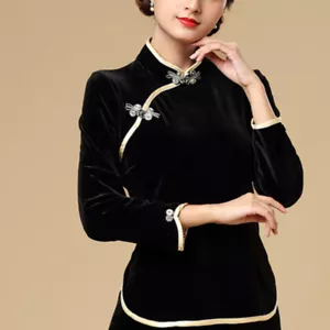 Chinese Lady Ethnic Velvet Top Velour Shirt Top Frog Button Mandarin Collar Slim - Picture 1 of 14