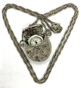Vintage Silver Tone Rhinestone Purse Necklace With Utopia Pocket Watch 28" - Picture 1 of 12
