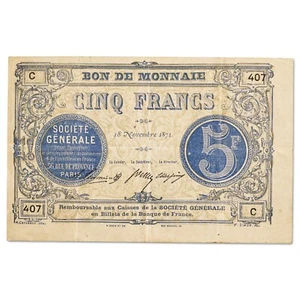 France - billet 5 francs 1871 - Société Générale Paris - TTB+ - JER.75.02C - Imagen 1 de 2