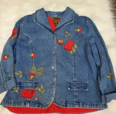 Women's . Mirasol Red Floral Embroidered Blue Jean Jacket Large HK-5 Foto 1 de 4