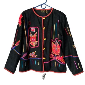 Julia Kim Vintage Floral Embroidered Tulip Leaf Jacket Coat Blazer Boho Art XL - Picture 1 of 9