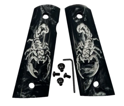 SHARDBLADE 1911 GUN GRIP fits Colt & Clones Full size Black Pearl SCORPION ENGRAVED W/Scews