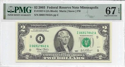 2003 $2 MINNEAPOLIS FRN. PMG Superb Gem Uncirculated 67 EPQ Banknote. - Image 1 of 2