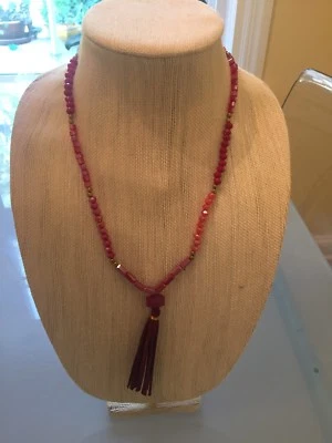 NWOT Multi Color Red And Orange Suede Tassel Long Bead Layering Necklace - Image 1 of 4