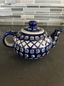 Boleslawiec Polish Pottery Blue Hand Painted Lattice PeacockCeramic Small Teapot - Picture 1 of 10
