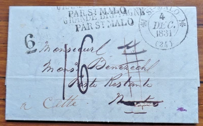 Guernsey 1831 letter to France with 2 line Grane Bretagne Par St Malo h/s - Image 1 of 2