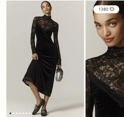 Anthropologie Long-Sleeve Mock-Neck Lace Velvet Slip Midi Dress - Black - XS - Image 1 of 4