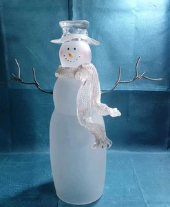 Vintage Frosted Glass Snowman Figurine 13" Xmas Ornament Magnetic Arms - Picture 1 of 12