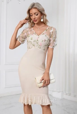 NWT JJ’s House Embroidered V-Neck Elegant Sheath/Column Cream Midi Dress - L - Image 1 of 4