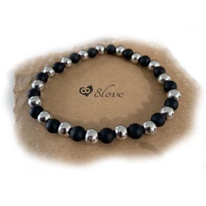 Bracciale con perle Nero opaco Argento in Acciaio inox braccialetto Uomo e Donna - Foto 1 di 7