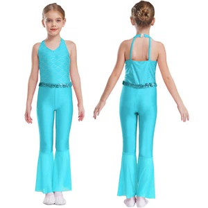 Kids Girls Jumpsuit Bell-Bottom Bodysuit Hip Hop Leotard Shiny Rompers Dance - Picture 1 of 65