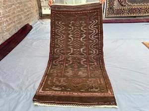 Antique Afghan Handmade Rug 2'8x5'2 ft – Tribal Brown Wool Geometric Runner RugA - Picture 1 of 10
