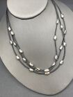 Vintage Bohemian  16”  Black leather chain chrome silver beaded Necklace