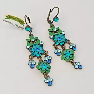 Michal Negrin Earrings Green Enamel Blue Crystals Long Chandelier Statement Gift - Picture 1 of 14
