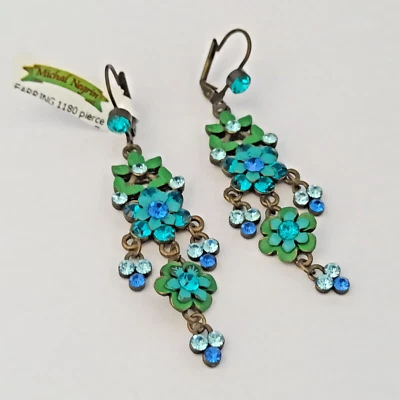 Michal Negrin Earrings Green Enamel Blue Crystals Long Chandelier Statement Gift - Image 1 of 4
